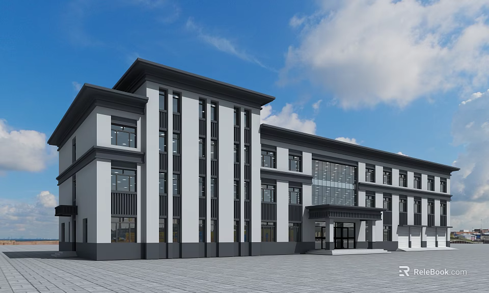 Modern Office Building Exterior With White Gray Facade Glass Windows And Front Plaza 3d model 