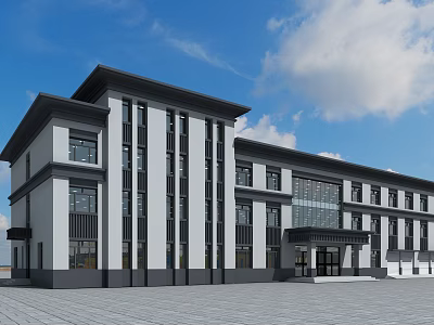 Modern Office Building Exterior With White Gray Facade Glass Windows And Front Plaza 3d model