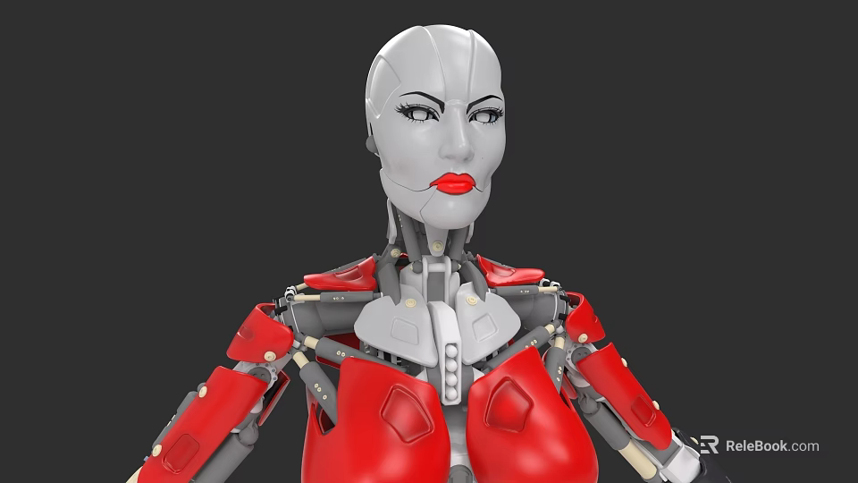 Futuristic Humanoid Robot With White Head Red Lips And Red Silver Armor 3d model 