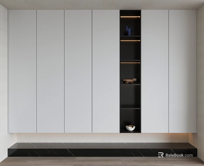 Modern Sleek Shoe Cabinet Interior Design With White Panels Black Open Shelves And LED Lighting 3d model 