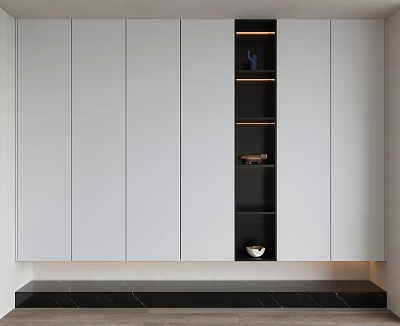 Modern Sleek Shoe Cabinet Interior Design With White Panels Black Open Shelves And LED Lighting 3d model