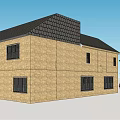 Detached Villa Exterior With Brick Walls Black Roof Multiple Windows And Pine Tree