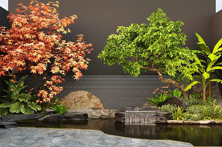 New Chinese Japanese-style Waterscape Courtyard Stone Waterscape Sinking Courtyard Waterscape Plant Landscape 3d model