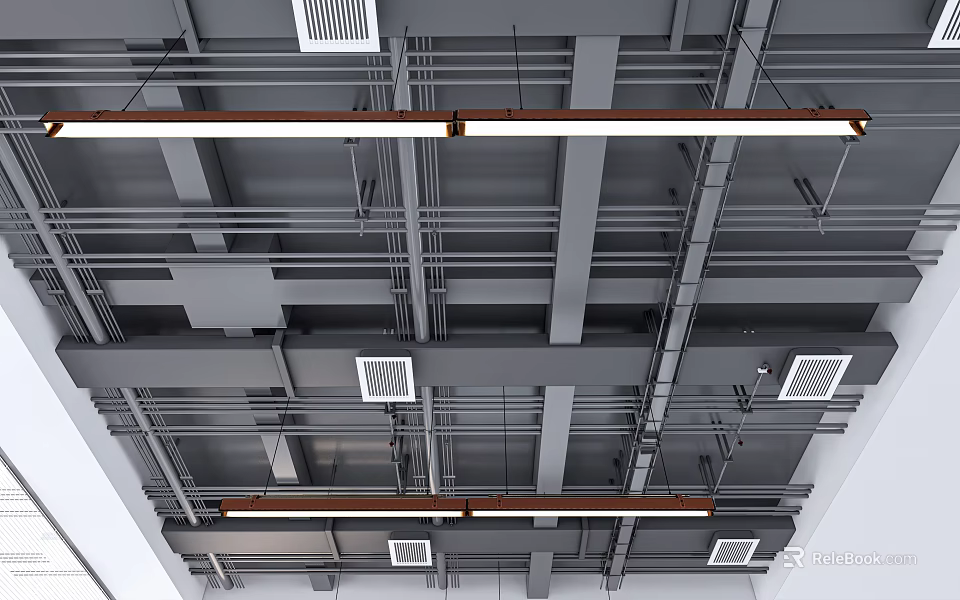 Modern Industrial Suspended Ceiling Featuring Metal Framework Pipes Ventilation Grilles And Linear Lighting Fixtures 3d model 