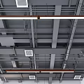 Modern Industrial Suspended Ceiling Featuring Metal Framework Pipes Ventilation Grilles And Linear Lighting Fixtures