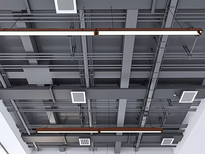 Modern Industrial Suspended Ceiling Featuring Metal Framework Pipes Ventilation Grilles And Linear Lighting Fixtures 3d model