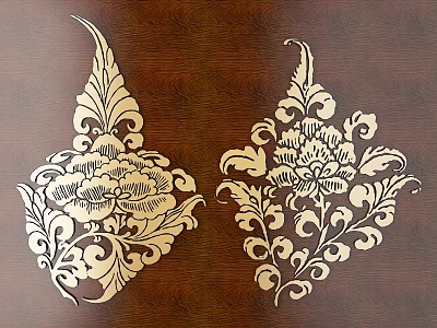 Intricate Floral Carvings With Curved Leaves On Dark Wooden Surface 3d model