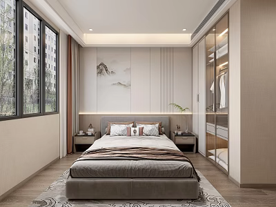 Modern Bedroom Interior With King Size Bed Built-in Wardrobe Nightstands And Wall Decor 3d model