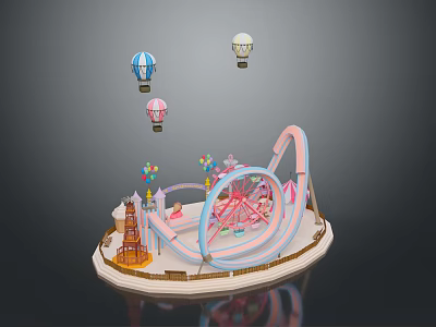 Colorful Amusement Park Scene With Carousel Ferris Wheel And Hot Air Balloons 3d model