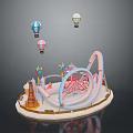 Colorful Amusement Park Scene With Carousel Ferris Wheel And Hot Air Balloons
