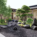 Karesansui Dry Landscape Garden With Raked Gravel Large Stones And Stone Lanterns