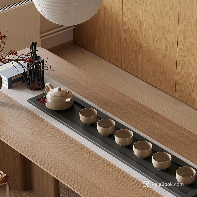 Modern Ceramic Tea Set with Teapot and Teacups on Black Tray Wooden Tabletop Wall Decor 3d model 