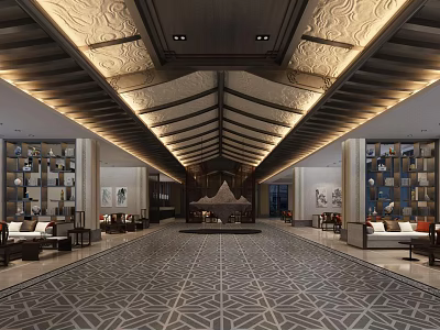 Elegant Clubhouse Interior With Wooden Carved Ceiling Grand Chandelier Side Bookshelves And Geometric Carpet 3d model