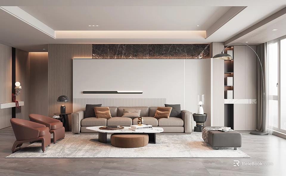 Elegant Modern Living Room Interior With Beige Sofa Brown Armchair And Marble Accent Wall 3d model 