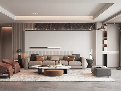 Elegant Modern Living Room Interior With Beige Sofa Brown Armchair And Marble Accent Wall 3d model