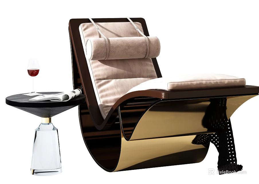 Modern Leisure Chair With Brown Frame Beige Cushion And Glass Side Table With Wine Glass 3d model 