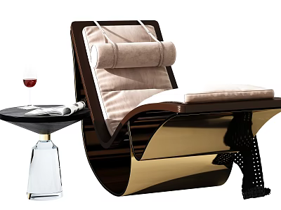 Modern Leisure Chair With Brown Frame Beige Cushion And Glass Side Table With Wine Glass 3d model