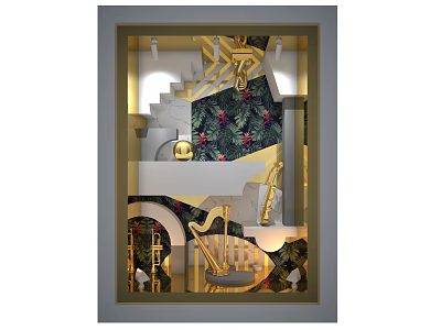 Elegant Window Display Decoration With Golden Elements Green Plant Pattern Background Staircase Design And Harp Decor 3d model