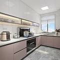 Modern Kitchen Interior With White And Pink Cabinets Marble Countertop And Appliances