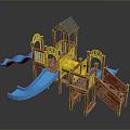Colorful Kids Playground Structure With Blue Slides Wooden Tower And Yellow Climbing Frame