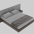 Modern Double Bed With Light Gray Headboard White Pillows Striped Blanket And Wooden Frame