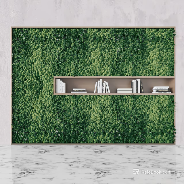 Living Green Plant Wall Interior Design With Built in Bookshelf And Books 3d model 
