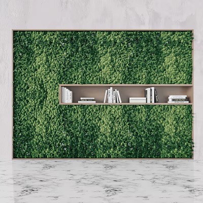 Living Green Plant Wall Interior Design With Built in Bookshelf And Books 3d model