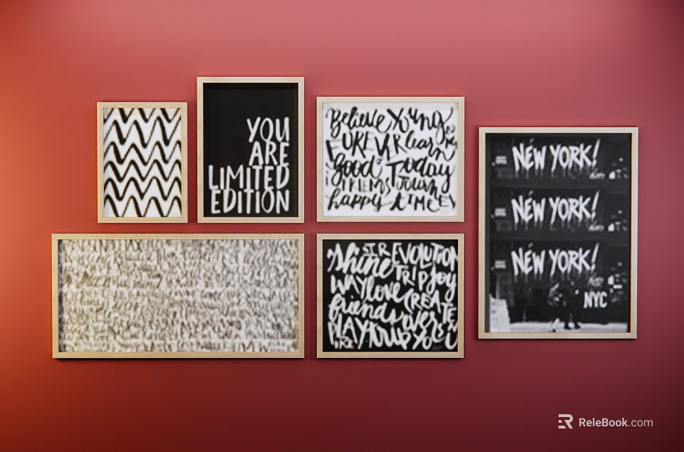 Assorted Framed Wall Art Prints With Text And Pattern Designs For Home 3d model 