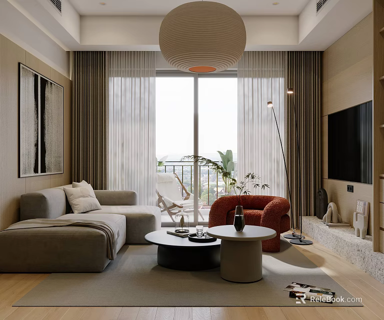 Modern Living and Dining Room Interior Design With Grey Sofa Red Armchair And Floor to Ceiling Windows 3d model 