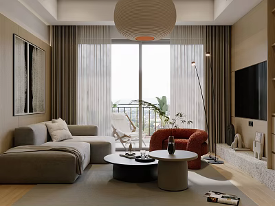 Modern Living and Dining Room Interior Design With Grey Sofa Red Armchair And Floor to Ceiling Windows 3d model