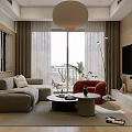 Modern Living and Dining Room Interior Design With Grey Sofa Red Armchair And Floor to Ceiling Windows