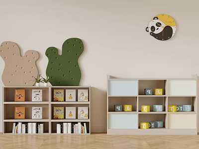 Wooden Storage Cabinet Rack With Compartments For Books Cups And Panda Wall Decor Green Panels 3d model