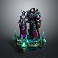Fantasy Character Display With Ornate Costumes And Decorative Spiked Pedestal