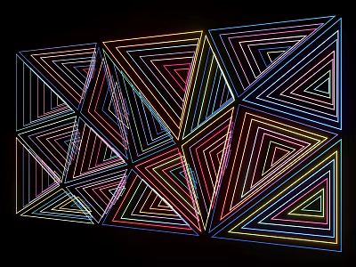 Abstract Geometric Artwork With Colorful Triangles And Neon Light Lines On Black Background 3d model