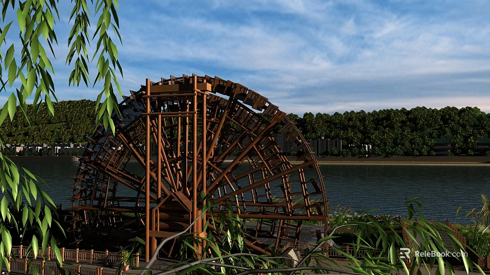 Scenic View of Wooden Waterwheel with Green Plants Blue Sky River Distant Trees and White Clouds 3d model 