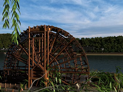 Scenic View of Wooden Waterwheel with Green Plants Blue Sky River Distant Trees and White Clouds 3d model