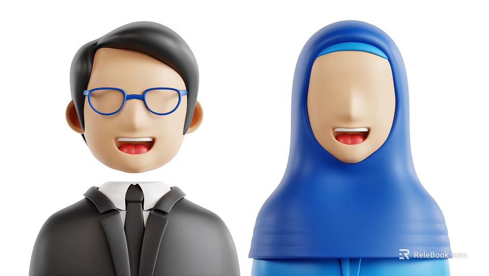 Man in Black Suit With Blue Glasses and Woman in Blue Hijab Smiling Together 3d model 