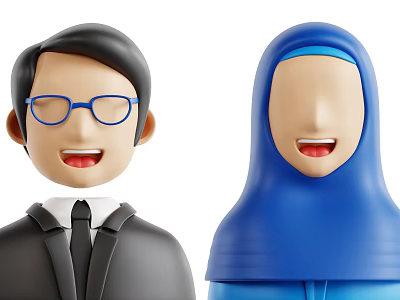 Man in Black Suit With Blue Glasses and Woman in Blue Hijab Smiling Together 3d model
