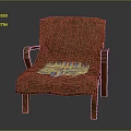 Brown Fabric Leisure Chair With Wooden Armrests And Colorful Geometric Pattern Cushion