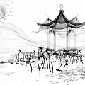 Chinese Ink Style Scenic Landscape With Pagoda Lotus Flowers Leaves Bamboo And Distant Mountains