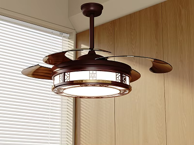 Traditional Ceiling Fan Chandelier With Dark Brown Frame And White Shade For Wooden Room With Blinds 3d model