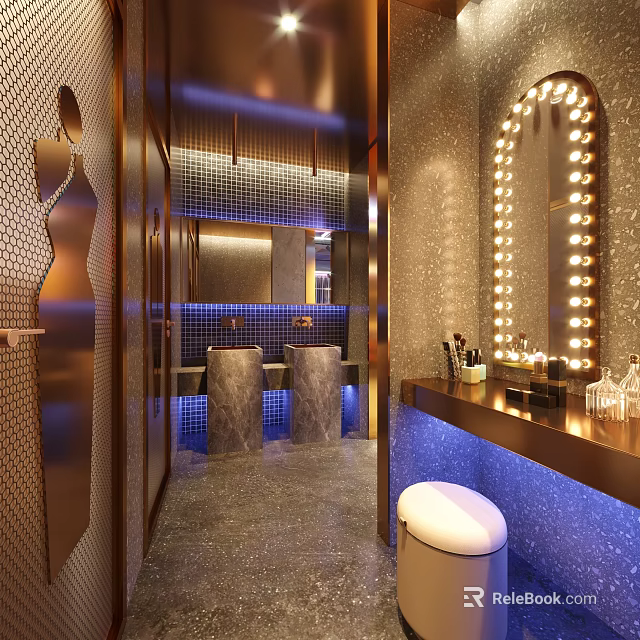 Luxury Modern Public Restroom With Illuminated Makeup Mirror And Elegant Ambient Lighting Interior Design 3d model 