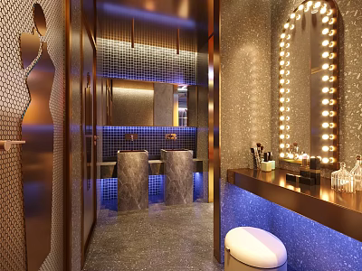 Luxury Modern Public Restroom With Illuminated Makeup Mirror And Elegant Ambient Lighting Interior Design 3d model
