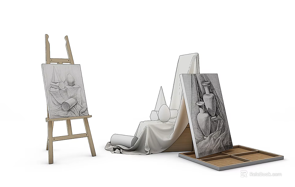 Art Supplies Setup With Wooden Easel Canvas Still Life Sketch And Folded Cloth 3d model 