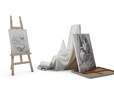 Art Supplies Setup With Wooden Easel Canvas Still Life Sketch And Folded Cloth 3d model