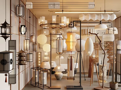 Various Modern Traditional Lighting Combinations Featuring Pendant Lamps Floor Lanterns And Decorative Lamps 3d model