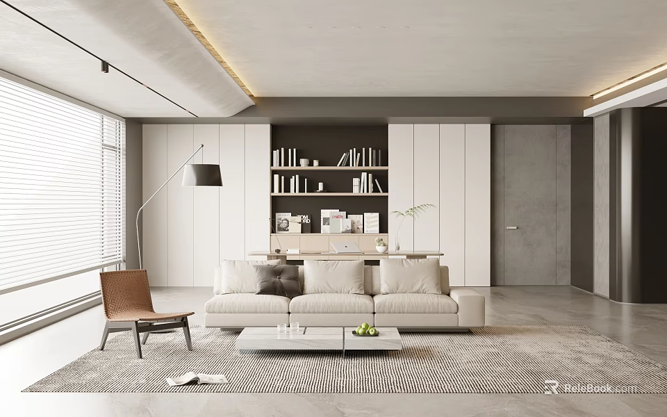 Minimalist Modern Living Room Interior With Beige Sofa Wooden Coffee Table Floor Lamp And Bookshelf 3d model 