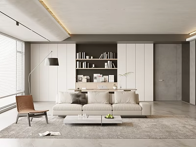 Minimalist Modern Living Room Interior With Beige Sofa Wooden Coffee Table Floor Lamp And Bookshelf 3d model