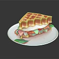 Crispy Golden Waffle Sandwich with Colorful Vegetables and Meat on White Plate