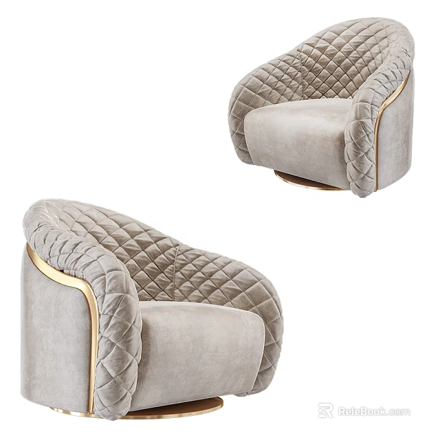 Elegant Beige Velvet Single Sofa With Quilted Pattern And Gold Trim Design 3d model 